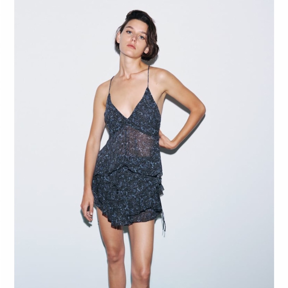 Zara ruffled print mini dress black XS